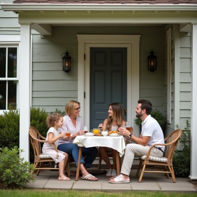 Family enjoys breakfast at home on a sunny morning