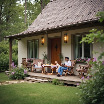 Family enjoying peaceful time on a cozy porch in nature