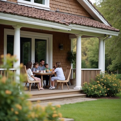 Family enjoys breakfast on the porch in a tranquil setting