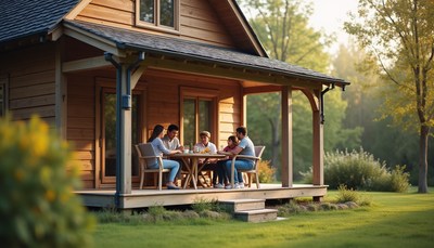 Family enjoying a meal on a porch in a peaceful setting