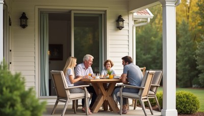 Family gathering for brunch on a sunny patio