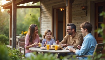 Family enjoying breakfast together in a garden setting