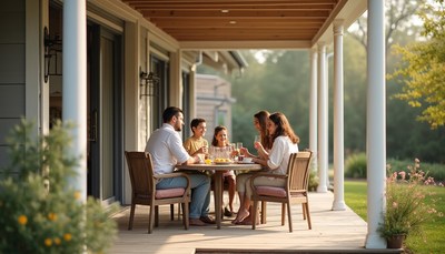 Family gathering on a sunny porch during late afternoon