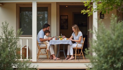 Family enjoying breakfast on a porch in a serene setting