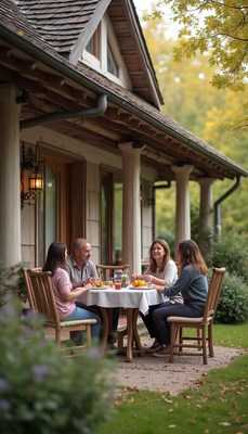 Family gathering enjoying meals on a porch in autumn