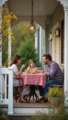 Family enjoys drinks together on a cozy porch
