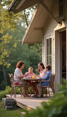 Family enjoys breakfast outdoors during a sunny morning