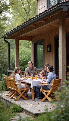 Family gathering on a porch enjoying drinks and laughter