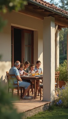 Family gathering on a sunny porch enjoying a meal together