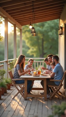 Friends enjoying a summer evening dinner on the porch