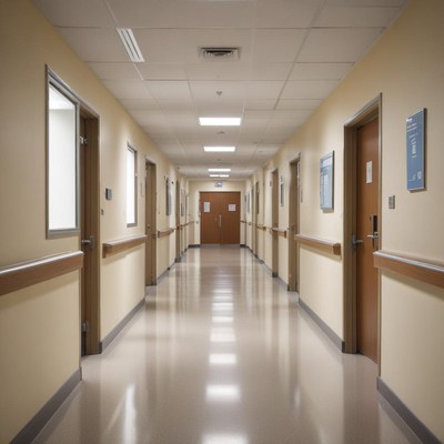 Hospital corridor lined with doors and bright lighting