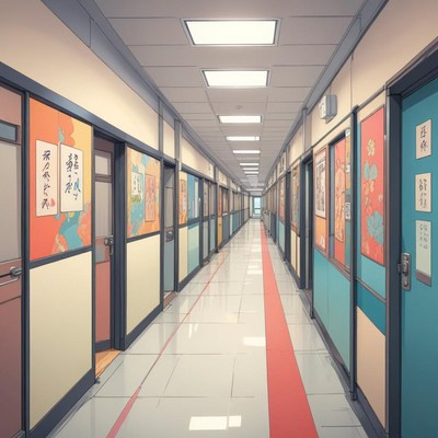 Narrow hallway decorated with traditional art in a building