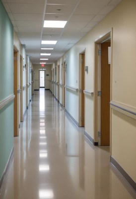 Halls of a healthcare facility with numerous patient rooms