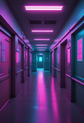 Neon lights illuminating a modern hallway at night