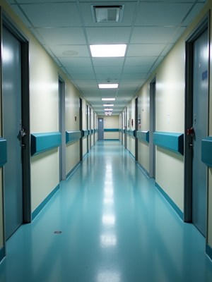 Long hallway in a modern hospital with blue accents