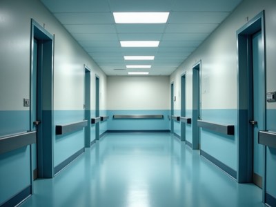 Hospital corridor with blue walls and bright lighting