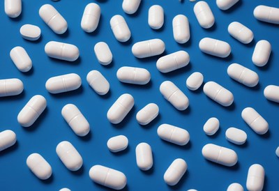 White capsules scattered on blue background