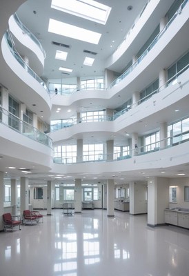 Modern hospital interior with spacious atrium design