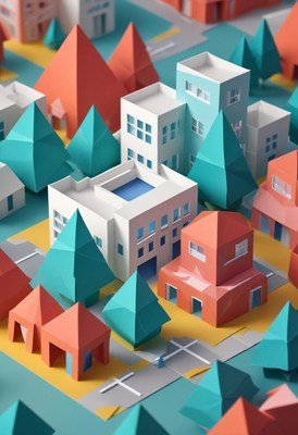 Colorful geometric cityscape with houses and trees