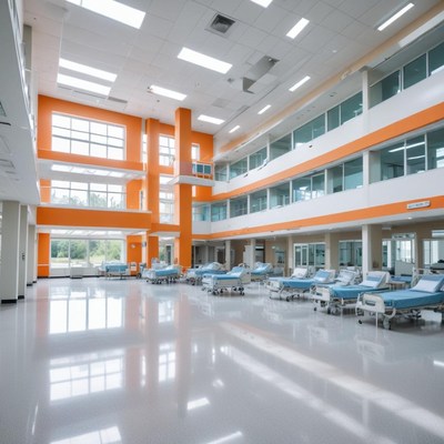 Modern hospital interior with spacious patient wards