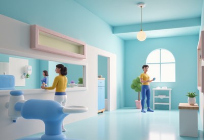 People in light blue bathroom in the daytime