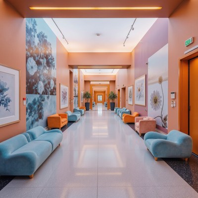 Long hallway with artwork and comfortable seating
