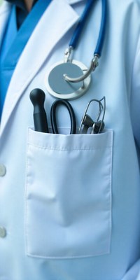 Medical professional with tools in lab coat pocket