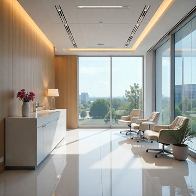 Modern office space with large windows and natural light