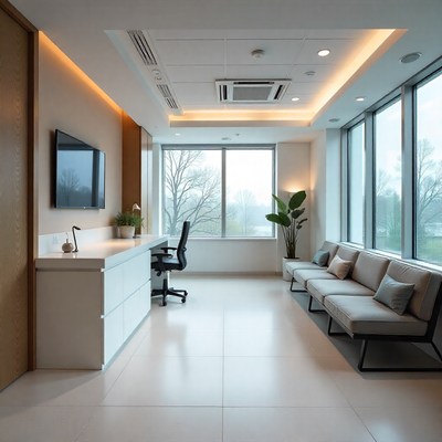 Modern office interior with large windows and seating area