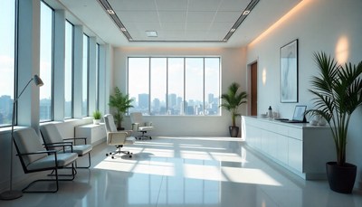 Modern office interior with city view during daytime