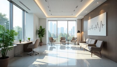 Modern office interior with city views during daytime