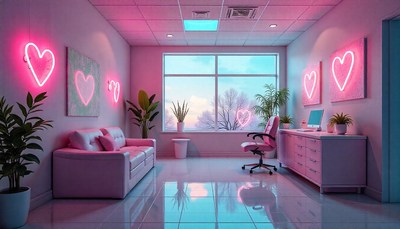 Bright and stylish room with neon heart decorations