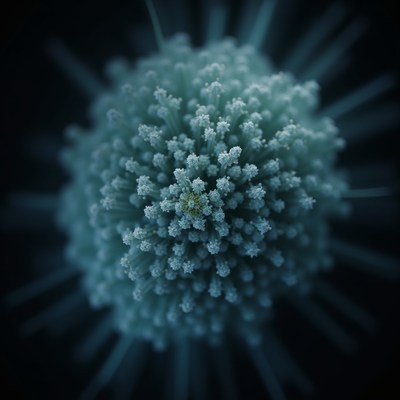 Cyan spiked sphere microscopic view on dark background