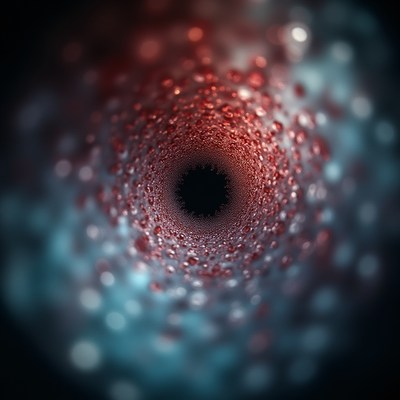 Abstract view of a swirling tunnel of red and blue