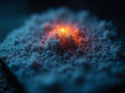 Light glows through a textured surface of frozen crystals