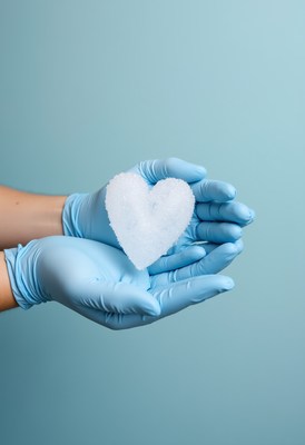 Heart-shaped ice held in gloved hands against blue backdrop