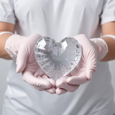 Holding a crystal heart with care in a medical setting