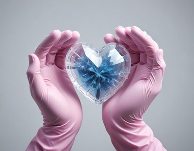 Hands holding a blue crystal heart with pink gloves