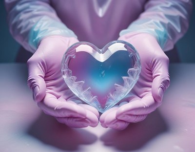 Hands holding a crystal heart in a lab setting
