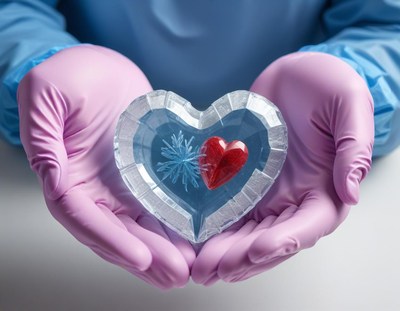 Heart-shaped ice sculpture held in gloved hands