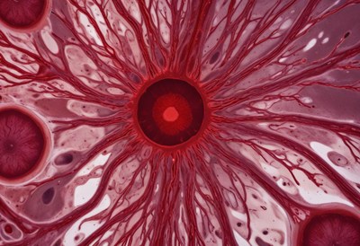 Intricate red cell structure displaying radial patterns