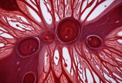 Intricate patterns of red liquid on a white background