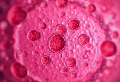 Close-up view of red cells and bubbles in liquid