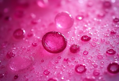 Close-up of pink bubbles and droplets on a surface