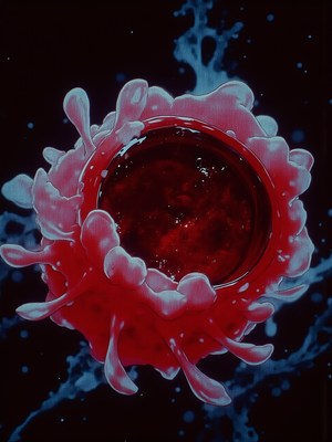 Red splash with dark background creates striking visual