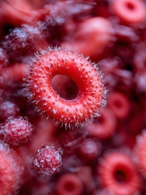 Red circular structures under microscopic examination