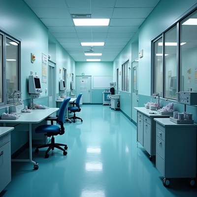 Clean hospital corridor with medical gear
