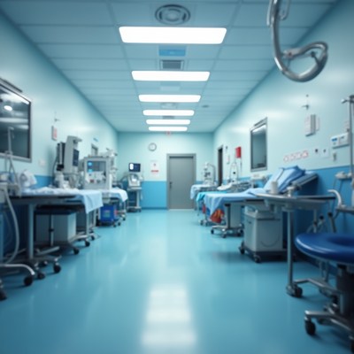 Hospital corridor with medical equipment in blue tones