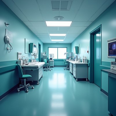 Modern hospital corridor with medical equipment in use