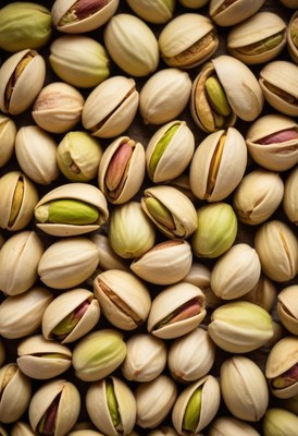 Pistachios in their shells displayed in a close-up view
